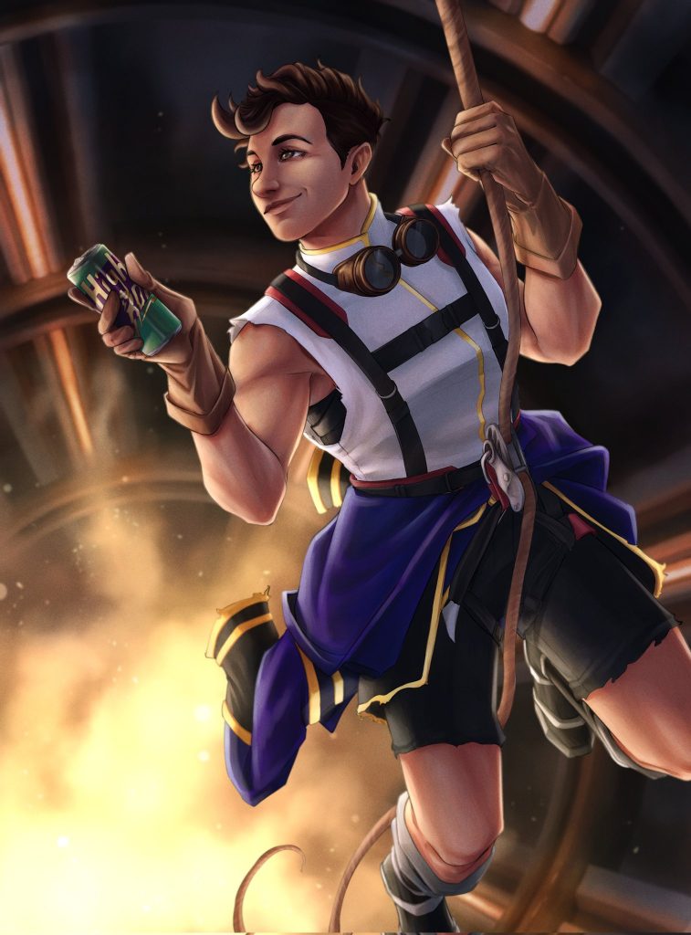 Commander Siff Braghor, a woman with short brown hair, undercut, dangles on a rope while something explodes behind her. She wears a teared company uniform, brown gloves, googles around her neck, a safety gear and a smug smile, In her right hand, she carries a can of "High Roar", a 26th century energy drink.
Artwork by https://www.instagram.com/aljeensane/