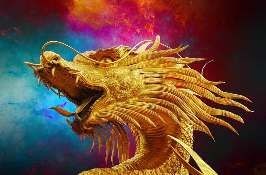 A golden dragon in front of a mystic blue and red background