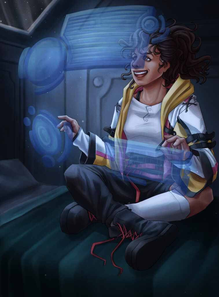 Raffi, a 19 year old woman with dark skin color and wild black hair sits cross-legged on a bed in her cabin on the Herald Petrel. She wears sturdy boots with red laces, white socks, dark trousers tied with a fashionable red twin belt. She wears a white top with buttons and a yellow/white coat with a pink line. In front of her there are faintly blue glowing controllers to operate the entertaining system. One looks like a keyboard, the other two more like dials. She operates them with her hands making gestures towards them. She looks thrilled by whatever she is playing. Her eyes are big and brown.