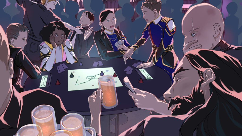 The crowded canteen of the Herald Petrel, in the center a large round table with a map-like board and some pyramid-shaped game pieces on it. On the right hand side Kartawijaya is sitting with three cards in hand, arguing with Siff who is standing and points to the table. Both wear the blue uniforms of the bridge crew and are talking at the same time. On the left, both Galahad and Raffi are watching the argument, Raffi amused, Galahad staring dreamily/upset/sad at Siff, In the background O'Brian has grabbed Sinclair by the lapels and threatens to punch him with her raised fist. Sinclair smiles and makes a pacifying gesture. In the foreground Cox is staring confused/contemplating at his cards while Waylon takes another drink (looks like beer) in a glass tankard from a plate a waiter carries. 